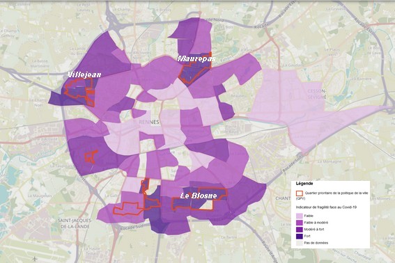 Les quartiers périphériques plus sensibles à la Covid. (Carte de Rennes,source Resovilles) Les quartiers périphériques plus sensibles à la Covid. (Carte de Rennes,source Resovilles)