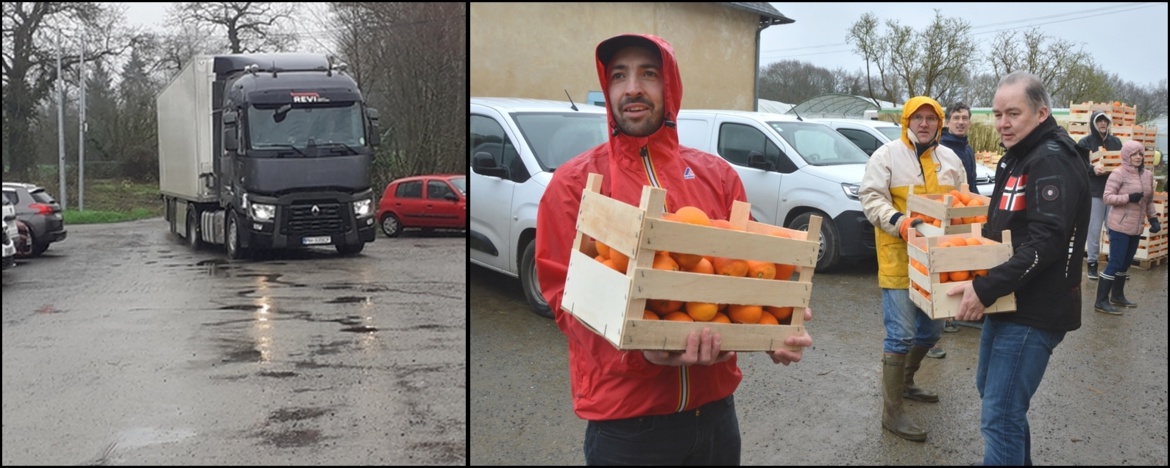 De Catane à Rennes, les deux chauffeurs se relaient sur environ 2000km pour livrer les oranges. Le camion est parti le jeudi 22 février de Catane. Il prend le bateau de Palerme à Gènes. De Gènes, il roule vers St Nicolas de Redon : arrivée le dimanche matin à 8h, puis Guipry. Dimanche 25 février vers 11h à Rennes (Breizhicoop puis Le Grand Breil). A midi il repart vers Lannilis , arrivée vers 15h50. Puis le camion repart en Sicile. Dès réception, les membres de l'associations répartissent le chargement pour chaque groupe. De Catane à Rennes, les deux chauffeurs se relaient sur environ 2000km pour livrer les oranges. Le camion est parti le jeudi 22 février de Catane. Il prend le bateau de Palerme à Gènes. De Gènes, il roule vers St Nicolas de Redon : arrivée le dimanche matin à 8h, puis Guipry. Dimanche 25 février vers 11h à Rennes (Breizhicoop puis Le Grand Breil). A midi il repart vers Lannilis , arrivée vers 15h50. Puis le camion repart en Sicile. Dès réception, les membres de l'associations répartissent le chargement pour chaque groupe.