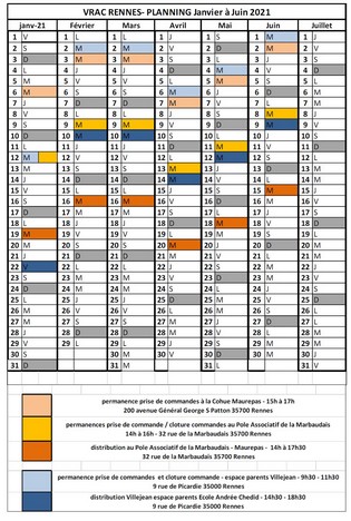 Les commandes et la distribution (en bleu sur le calendrier) se déroulent en début de mois à Villejean