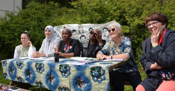 Un appel des femmes de Villejean, contre les violences sexistes et sexuelles,  le vendredi 3 juin. De gauche à droite&nbsp;: Yuna, (Nous toutes 35), Fatima (Kuné), Régine (Kuné), Merveille, Maryvonne (Kuné), Fanchette.