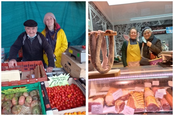 Louis et Kat pour les légumes de chez nous. Christelle et une cliente pour la cochonaille (Ille-et-Vilaine)