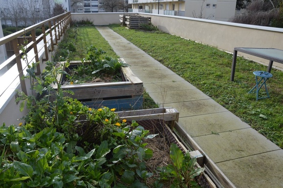 Le toit terrasse, sur le garage, est transformé en jardin. C'est l'un des espaces verts entretenus par les résidents. Le toit terrasse, sur le garage, est transformé en jardin. C'est l'un des espaces verts entretenus par les résidents.