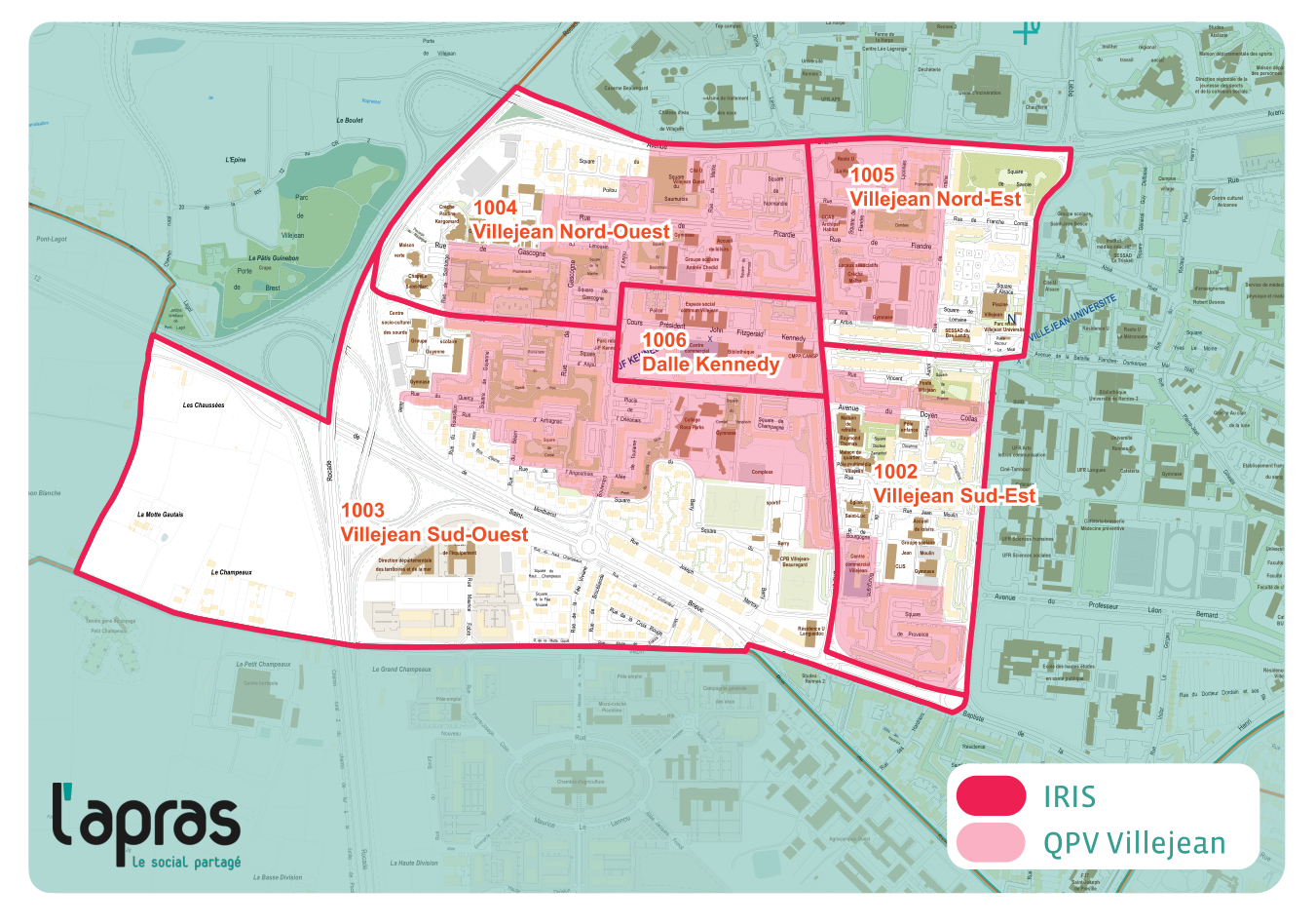 Le quartier prioritaire de la politique de la ville, en rose, sur la carte.