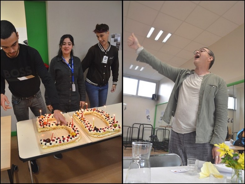 Trois bénévoles présentent le gâteau anniversaire, pendant que François Roland lance le yoga du rire.